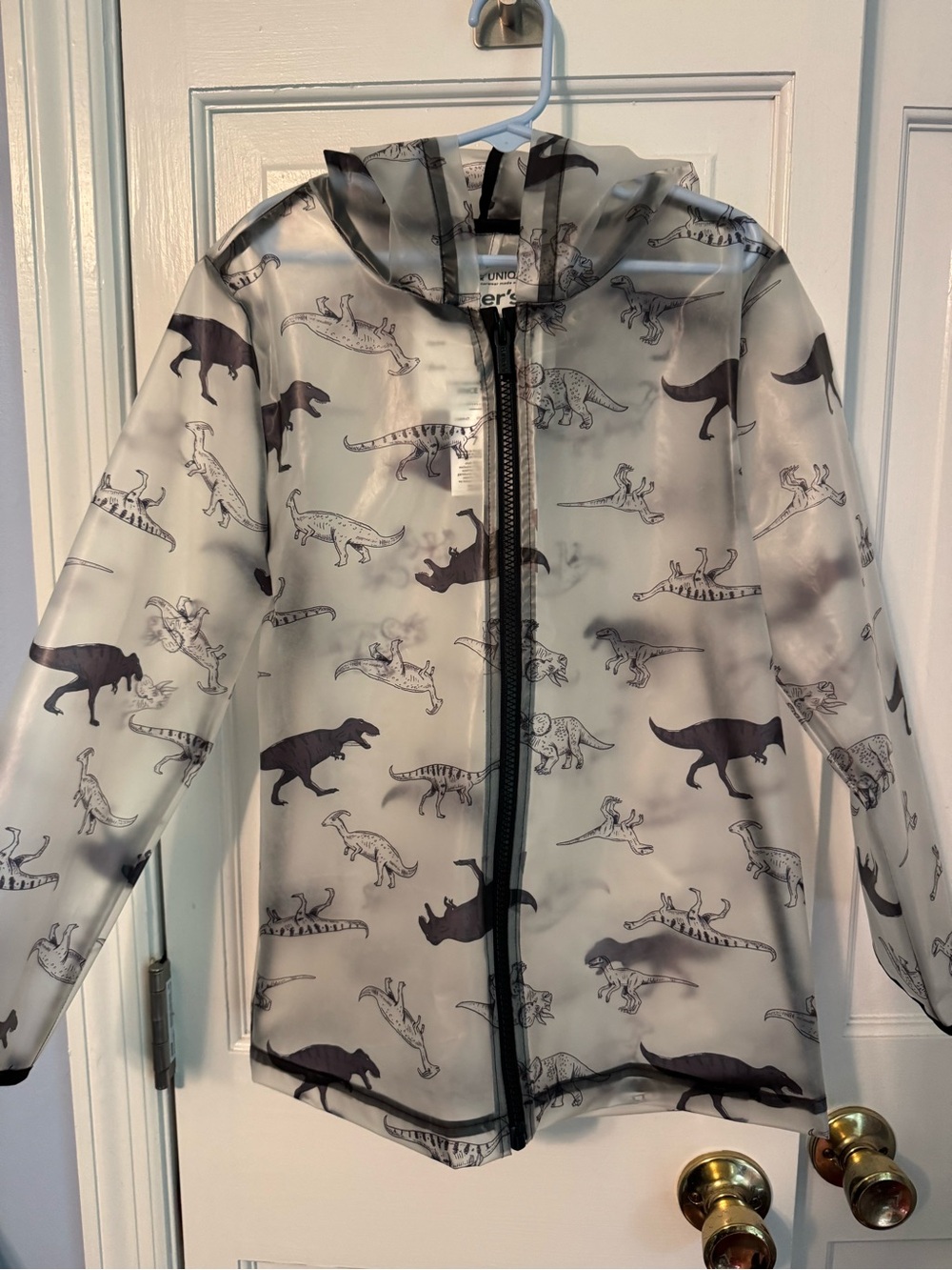 Carter’s Boys Dinosaur Rain Jacket Size 7 🌧️ Clear Hooded Zip Raincoat LiKe NEW